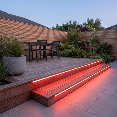 Red 15x15mm Top Bend LED neon flex - outdoor timber decking installation illustration.