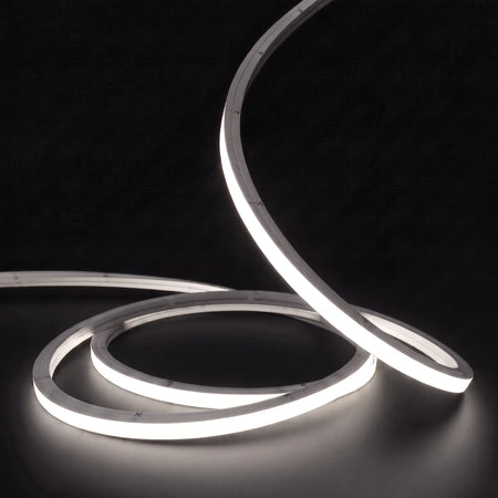Neutral White 4000K LED Neon Flex 15x15mm Top Bend, low concentric coils with raised arc and colour glow on a black surface