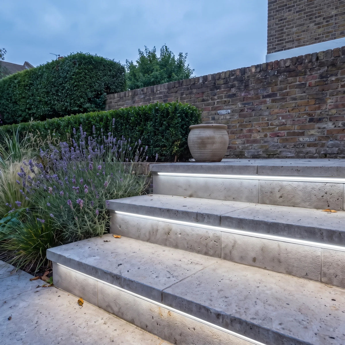 Cool White 6000K 15x15mm Top Bend LED neon flex - outdoor garden-step installation illustration.