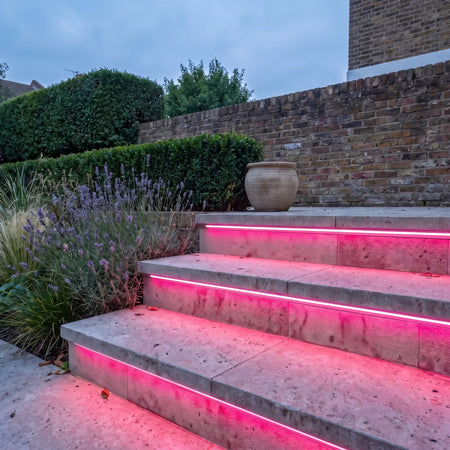 Pink 15x15mm Top Bend LED neon flex - outdoor garden-step installation illustration.