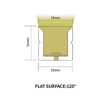 15x15mm Neon Flex cross-section dimensions and flat surface 120 degree drawing