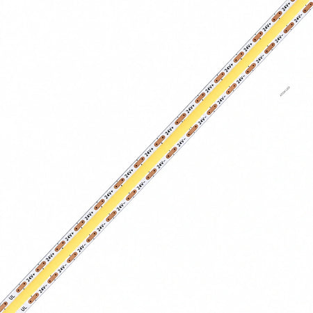 24V 10mm COB LED strip close-up with white PCB, copper contacts and yellow phosphor for the 8.33mm cut-point 15m-run range