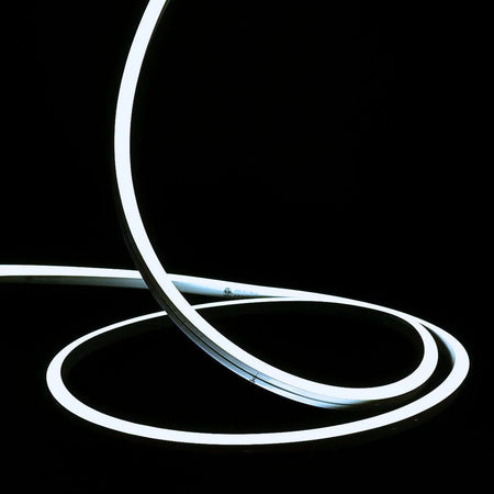 ATOM LED cool white 6000K 10x10mm side bend neon flex turning a 90° corner around an outdoor garden patio — 48V IP67 waterproof