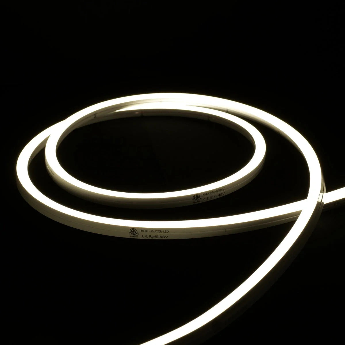 ATOM LED cool white 6000K 10x10mm side bend neon flex outlining a pergola frame outdoors — 48V IP67 waterproof