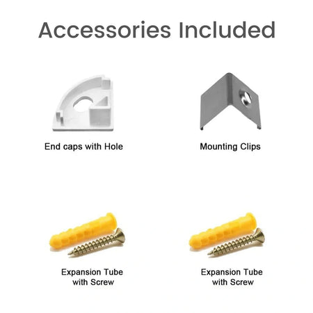 Included accessories: end caps, mounting clips and screw sets