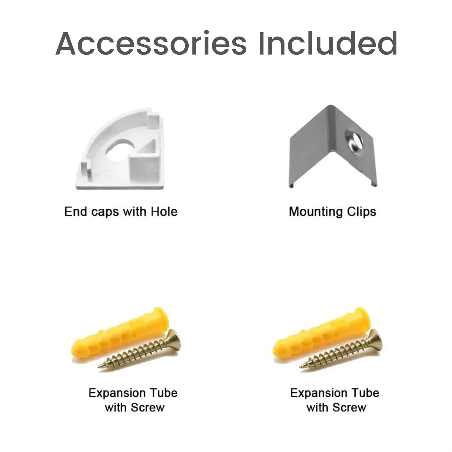 Included accessories: end caps, mounting clips and screw sets