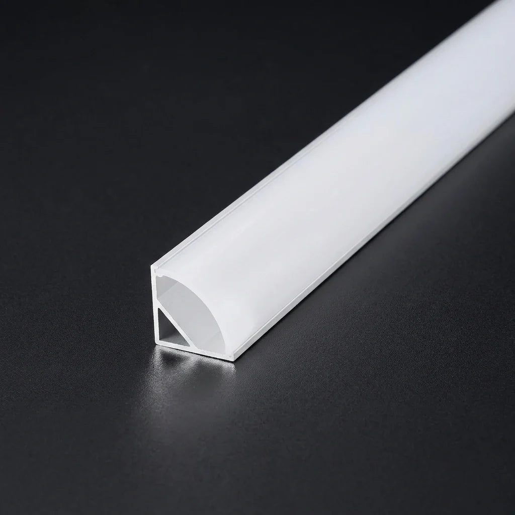 White 2 metre aluminium LED corner profile on dark background