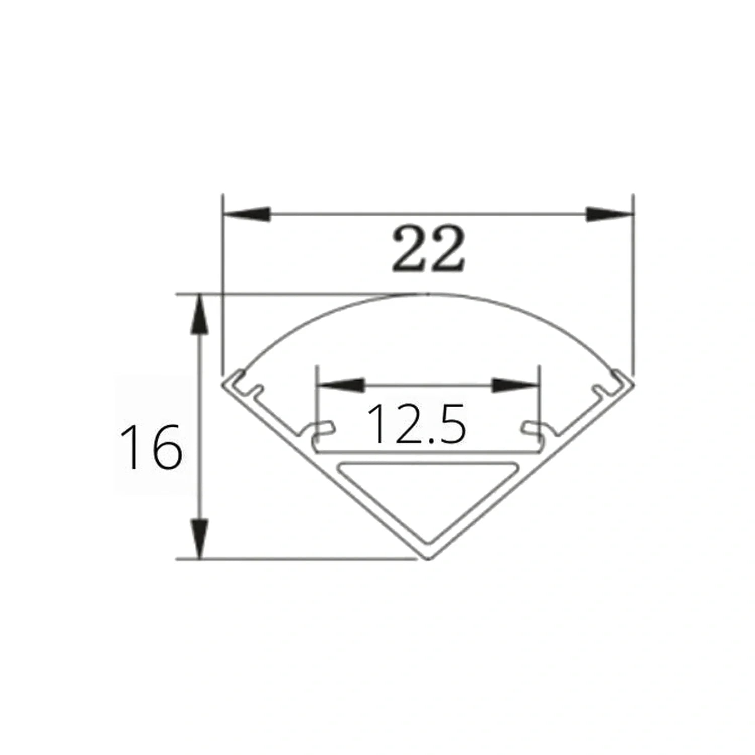16x16mm corner profile dimensions, 22mm face and 12.5mm channel for 12mm strip