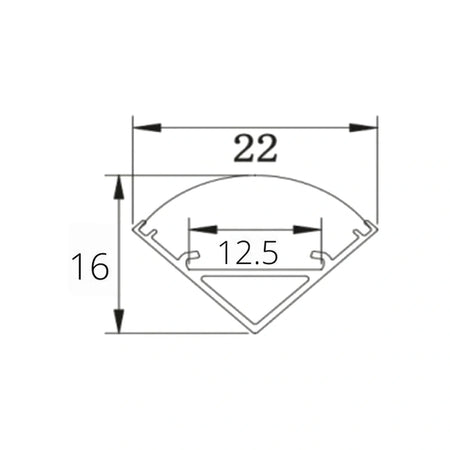 16x16mm corner profile dimensions, 22mm face and 12.5mm channel for 12mm strip