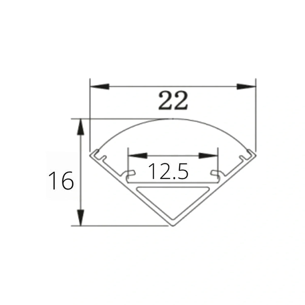 16x16mm corner profile dimensions, 22mm face and 12.5mm channel for 12mm strip