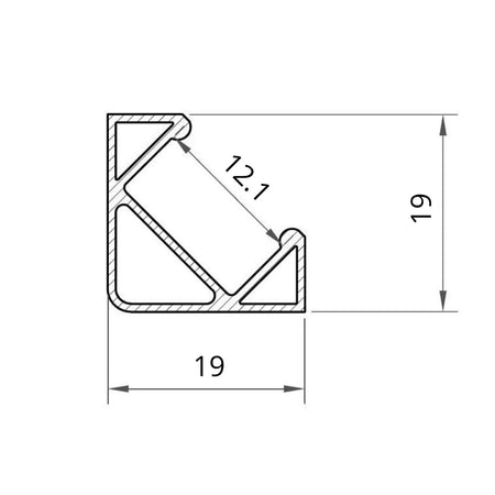19x19mm corner profile dimension drawing, LED strip up to 12mm