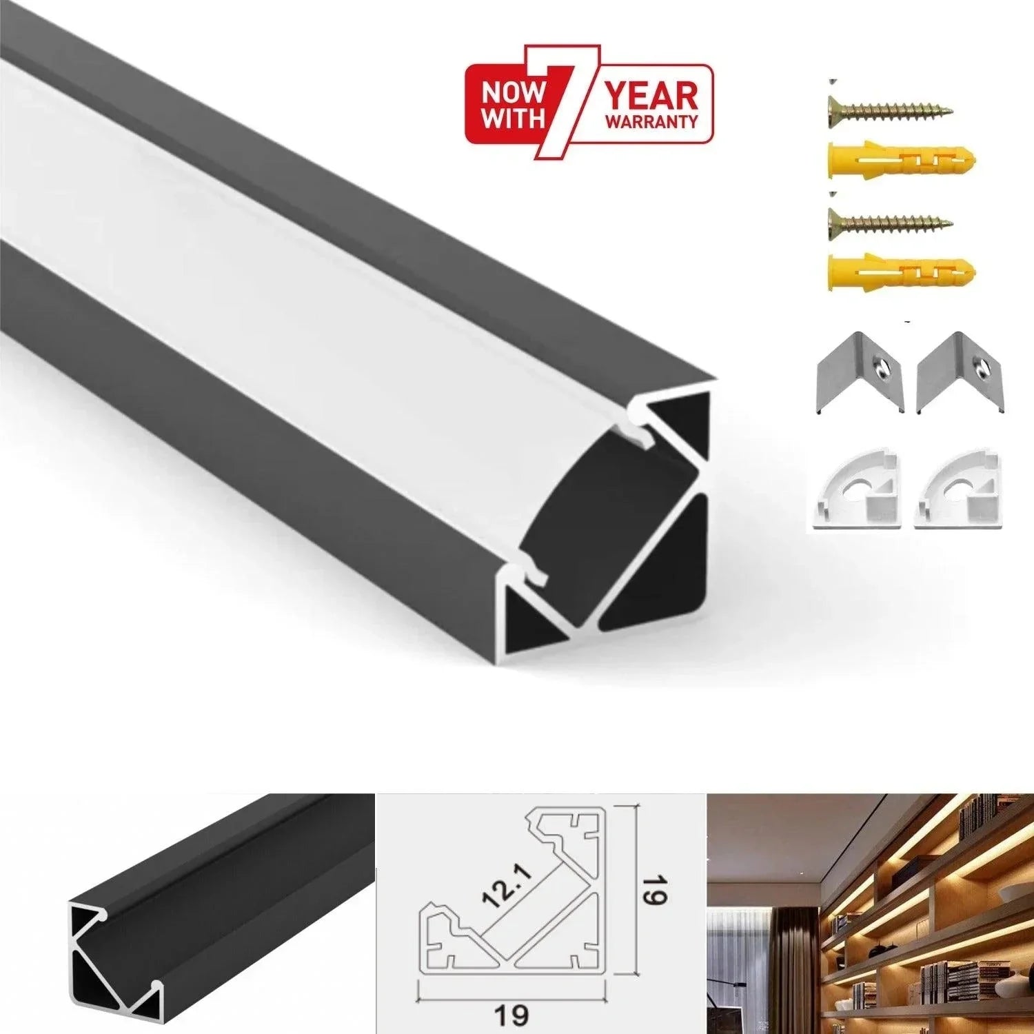 Black 19x19mm corner profile kit with end caps clips and screws