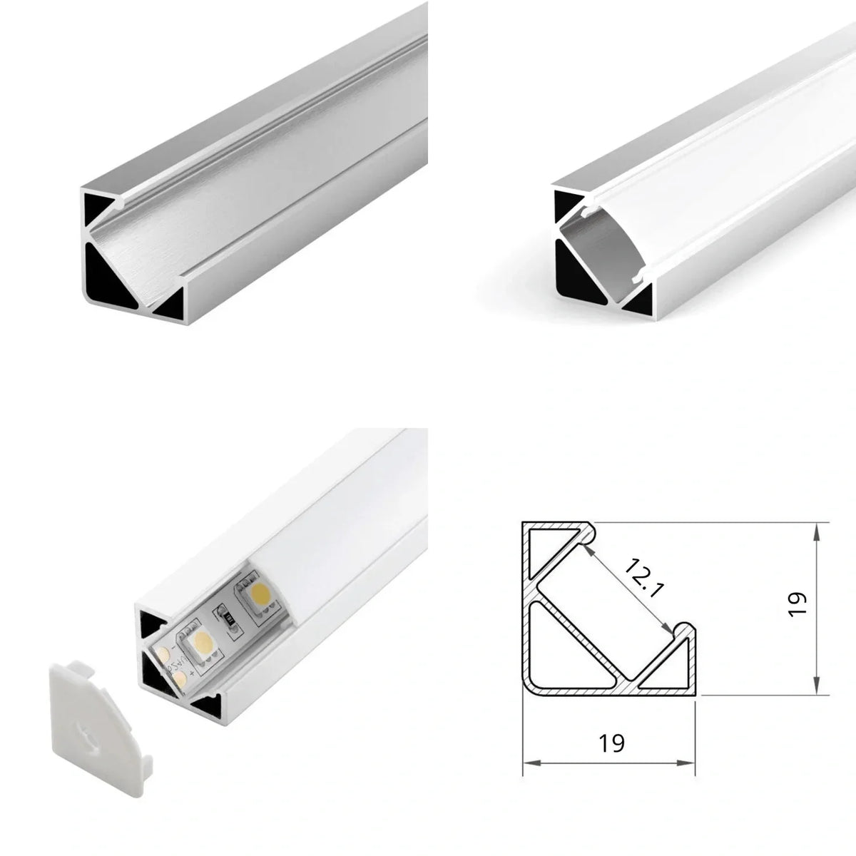 Silver aluminium corner profile 19x19mm shown from four angles