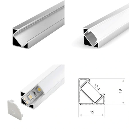 Silver aluminium corner profile 19x19mm shown from four angles