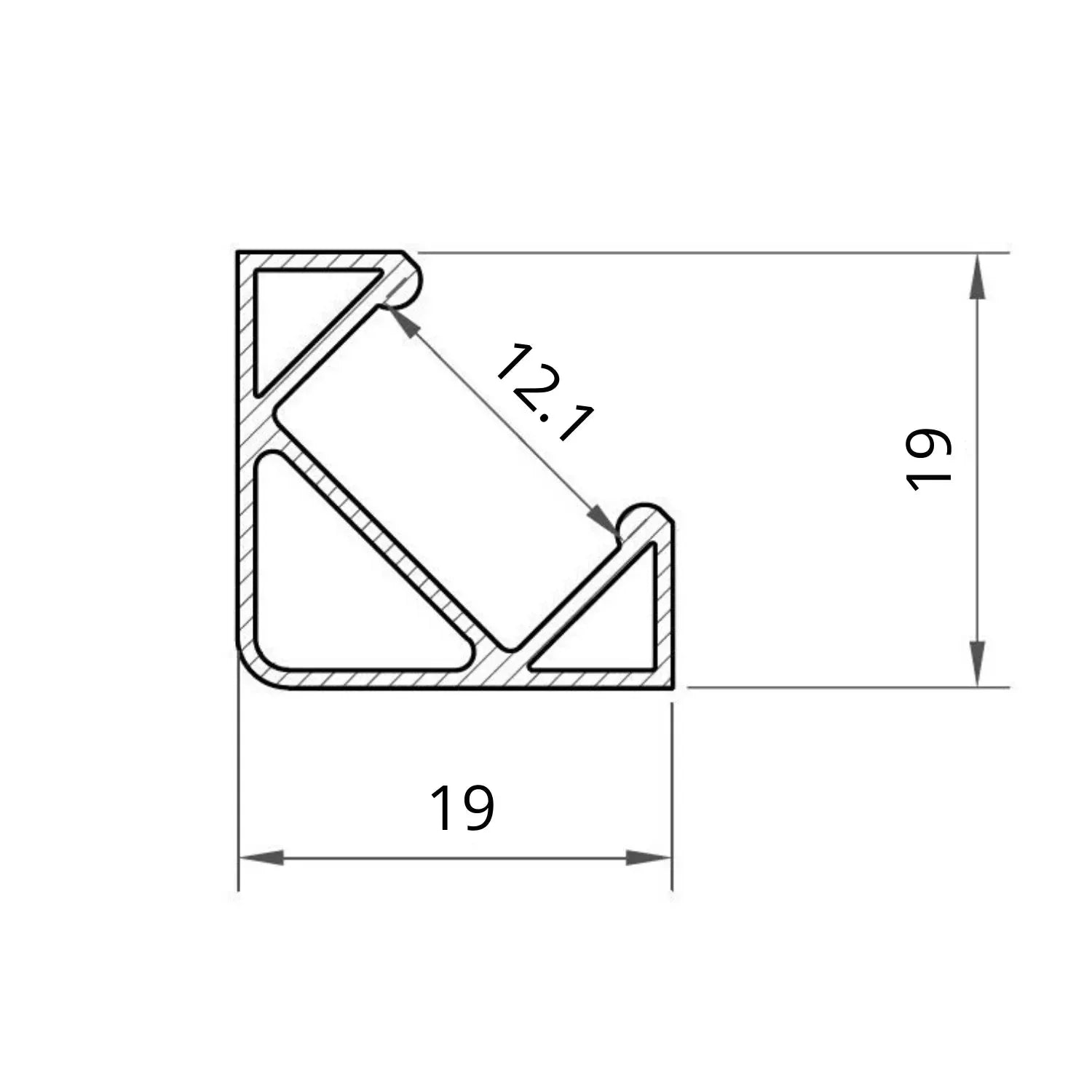 19x19mm corner profile dimension drawing, LED strip up to 12mm