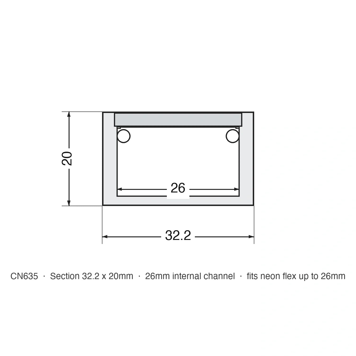 CN635 outdoor floor profile dimensions, 32.2 x 20mm with 26mm internal channel