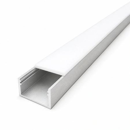 Empty 32.2 x 20mm aluminium floor profile channel with opal cover slid back