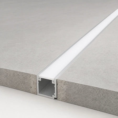 LED floor profile recessed into a floor slab with cover sitting flush