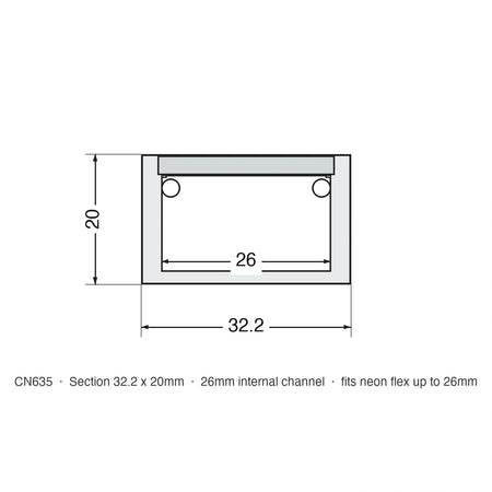 CN635 outdoor floor profile dimensions, 32.2 x 20mm with 26mm internal channel