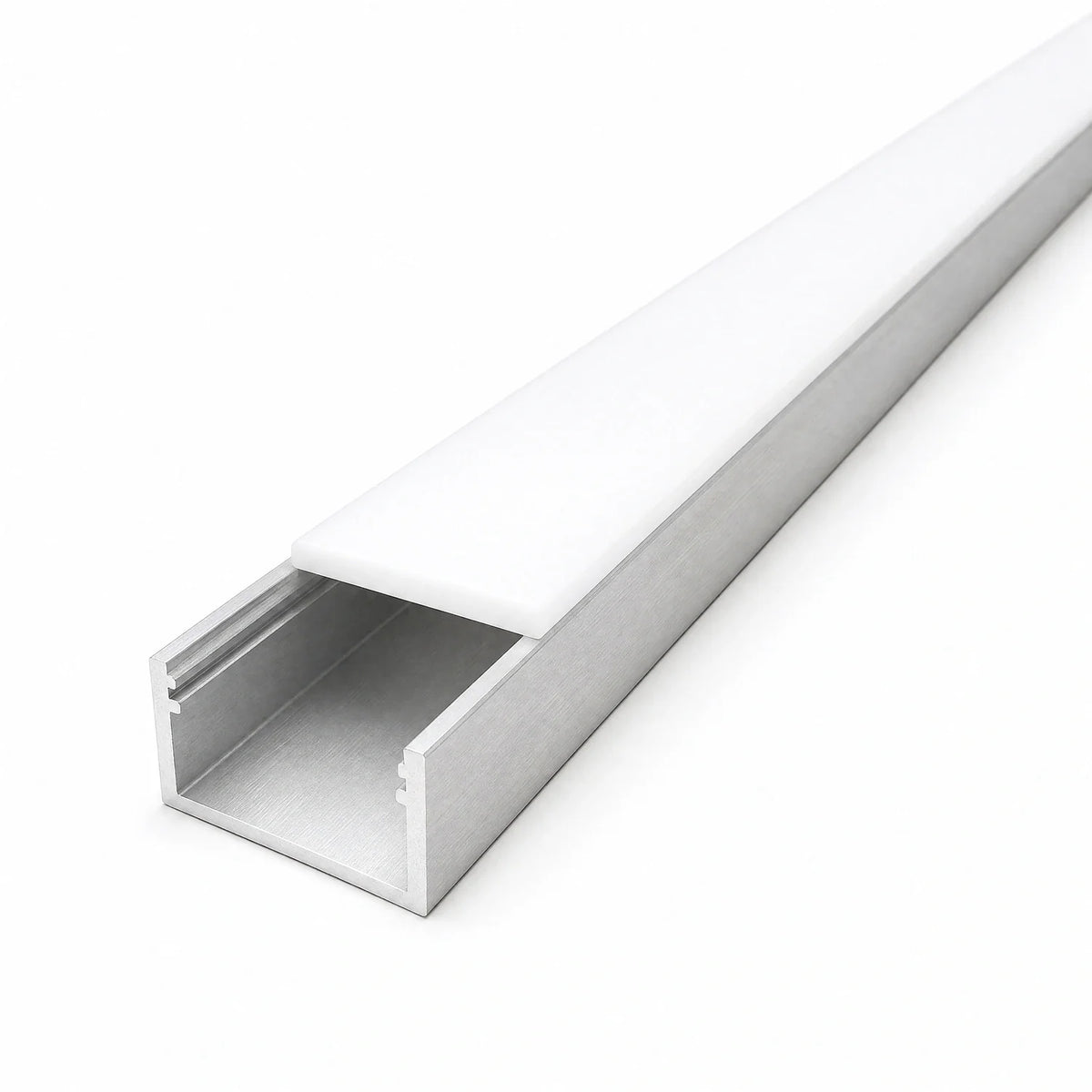 Empty 32.2 x 20mm aluminium floor profile channel with opal cover slid back