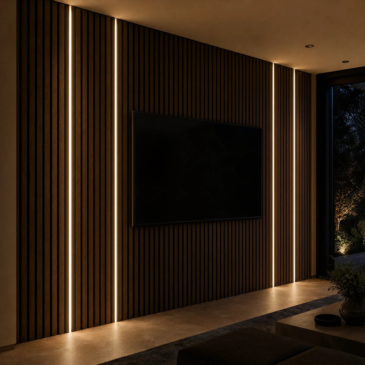 Black 12x10mm LED profile lit in acoustic wall panelling beside a television