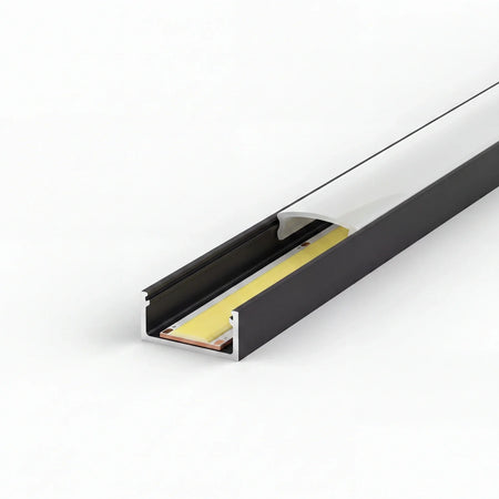 COB LED strip seated inside the black 17x8mm aluminium channel, unlit