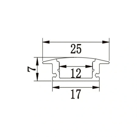 Cross-section drawing showing 25mm width 7mm height 12mm strip channel