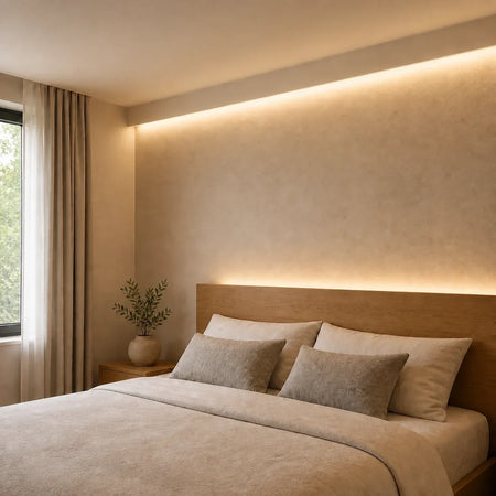 Illustrative 2700K FreeCut COB LED strip bedroom installation with continuous concealed lighting