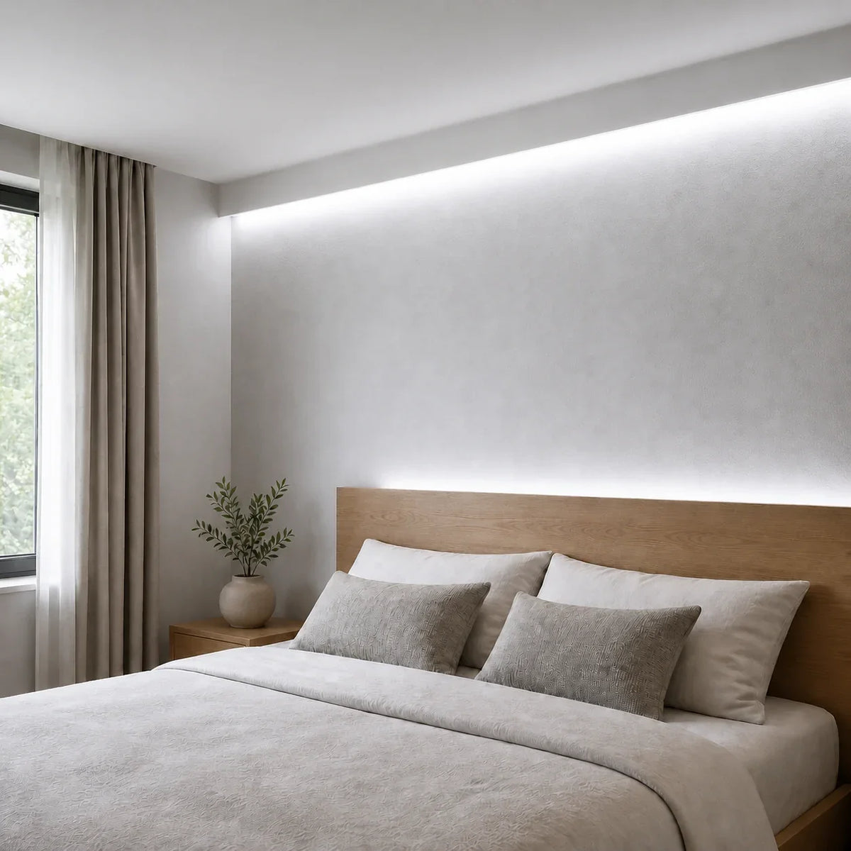 Illustrative 5000K FreeCut COB LED strip bedroom installation with continuous concealed lighting