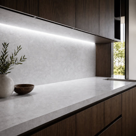 Illustrative 5000K FreeCut COB LED strip kitchen installation with continuous concealed lighting