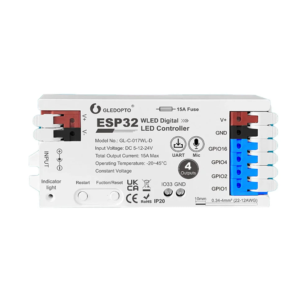 GLEDOPTO ESP32 WLED Digital LED Controller with 4 Channel With Mic/UART WIFI GL-C-017WL-D — House of LEDs UK
