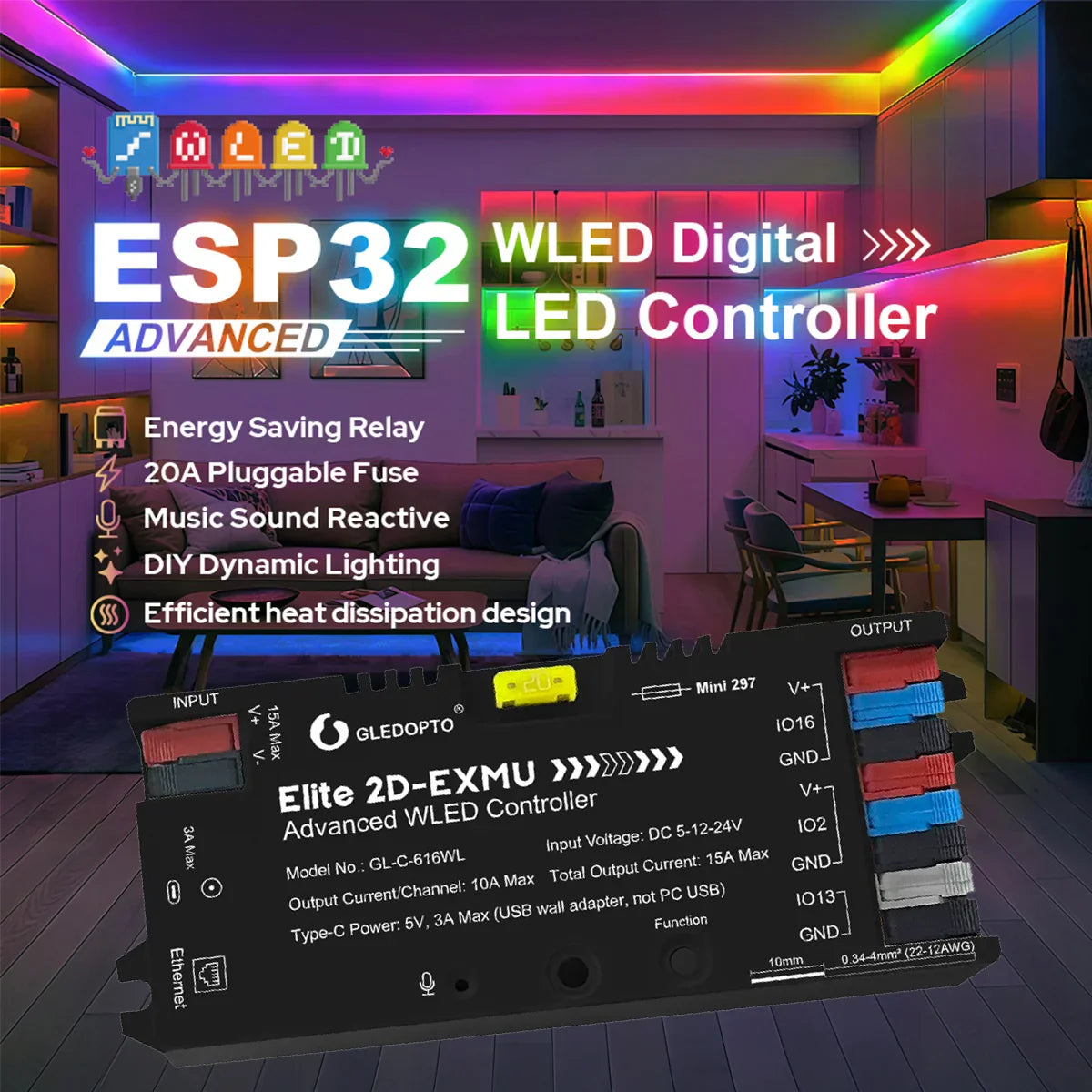 GLEDOPTO Elite 2D-EXMU ESP32 WLED Digital LED Controller with Ethernet Connection GL-C-616WL — view 2 — House of LEDs UK