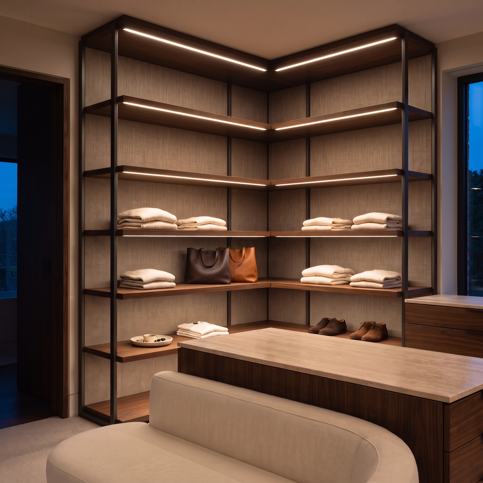3000k white dot-free LED strip lighting beneath dark-walnut display shelves in a residential dressing room