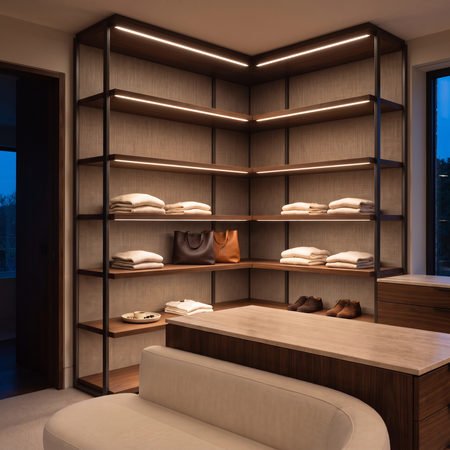 3000k white dot-free LED strip lighting beneath dark-walnut display shelves in a residential dressing room