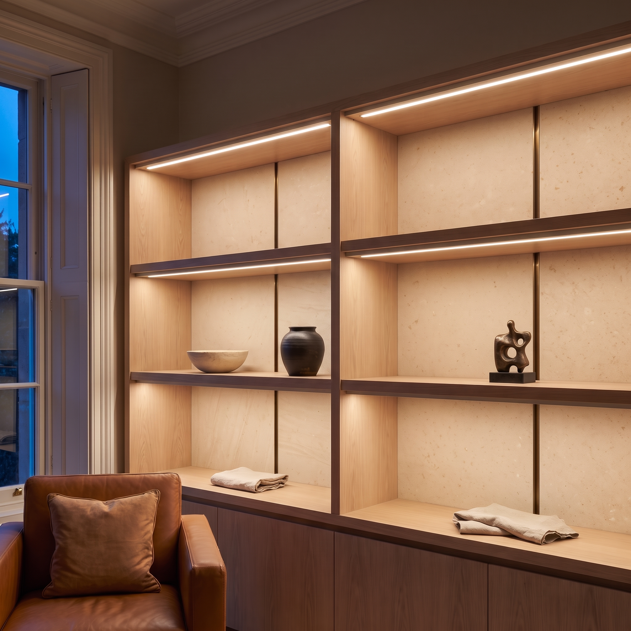 3000k white dot-free LED strip lighting beneath smoked-oak display shelving in a residential drawing room