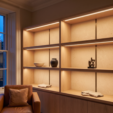 2700k white dot-free LED strip lighting beneath smoked-oak display shelving in a residential drawing room