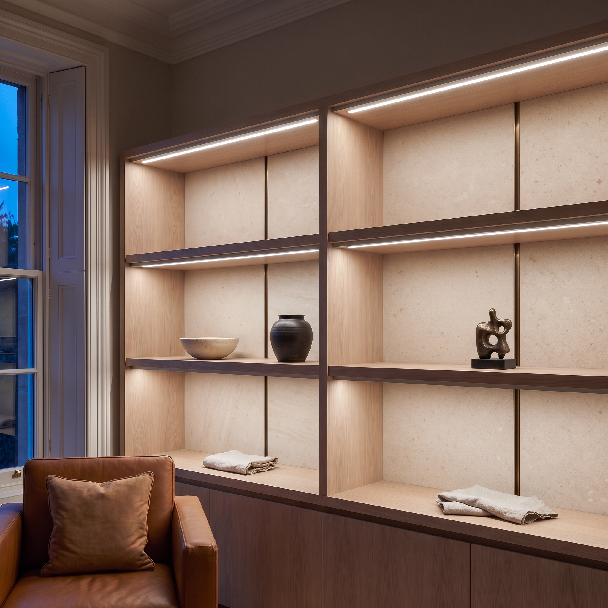 5000k white dot-free LED strip lighting beneath smoked-oak display shelving in a residential drawing room