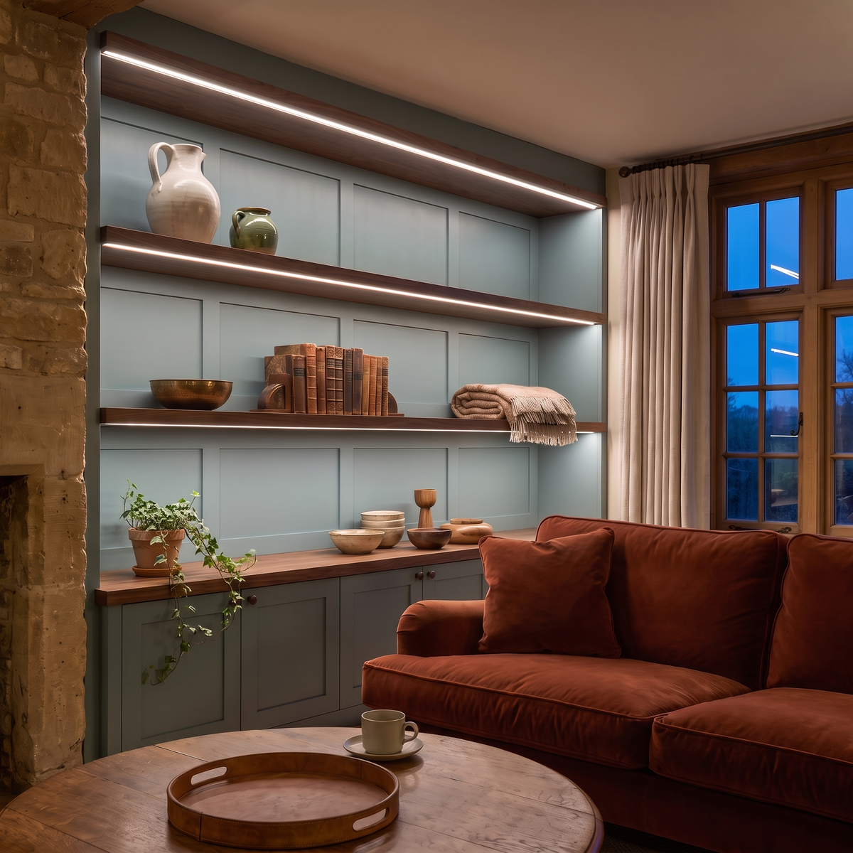 4000K white COB LED strip lighting beneath bespoke long display shelves in a beautiful British home