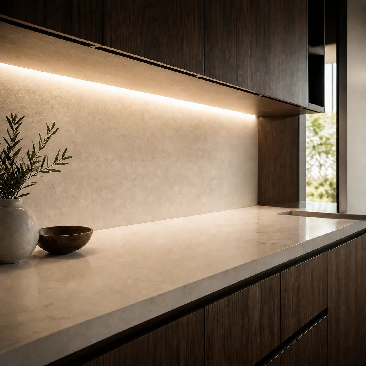 Warm White 3000K COB LED strip installed under kitchen cabinets