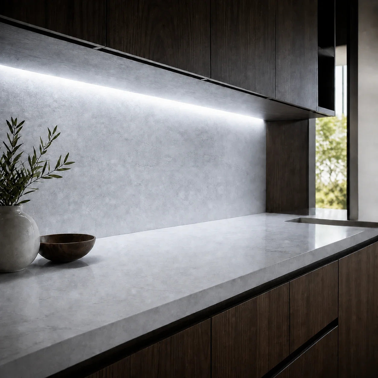 Daylight 5000K COB LED strip installed under kitchen cabinets