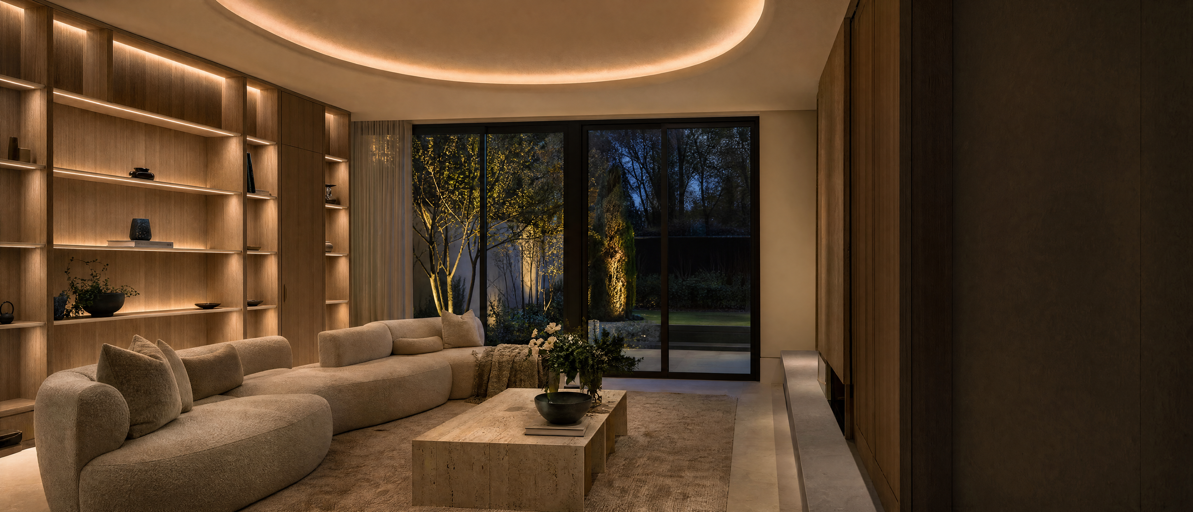 Bespoke warm white cove and shelving LED lighting in a contemporary lounge