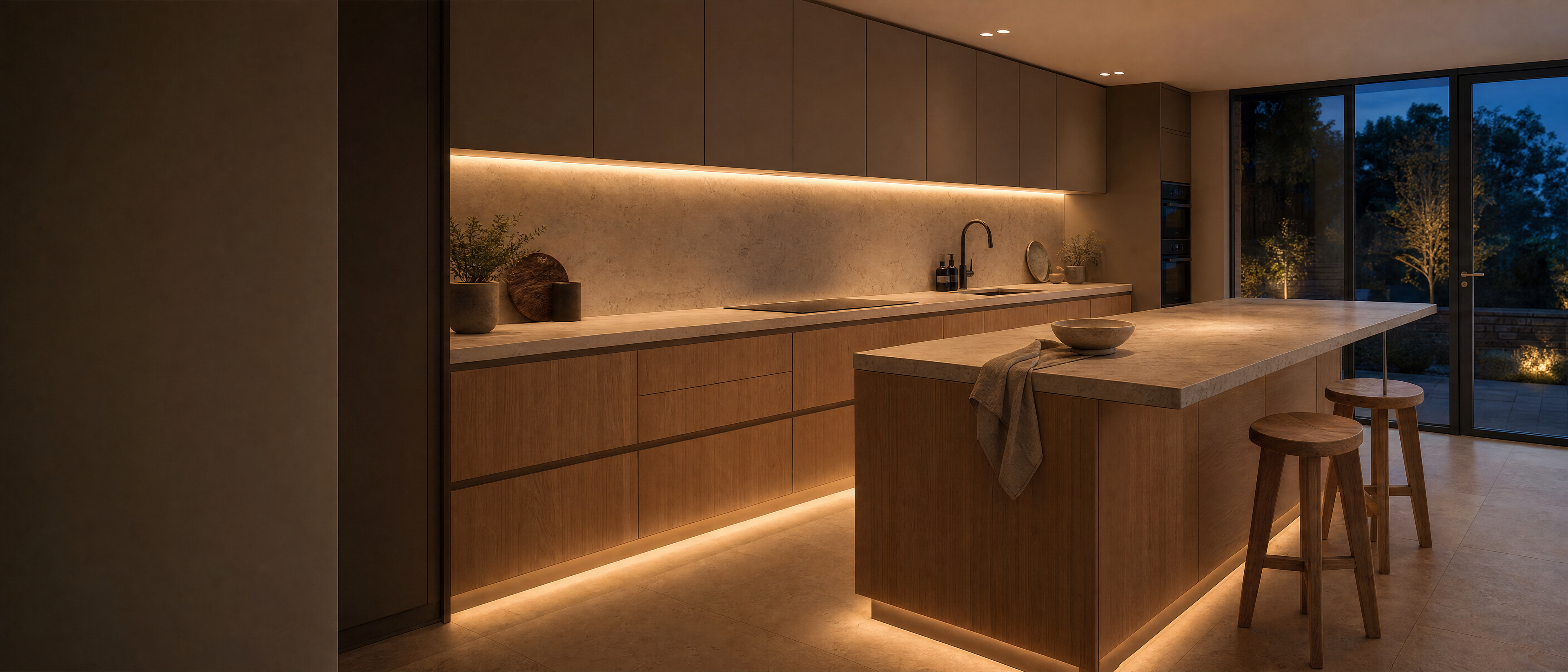Dotless warm white LED lighting beneath kitchen cabinets and an oak island