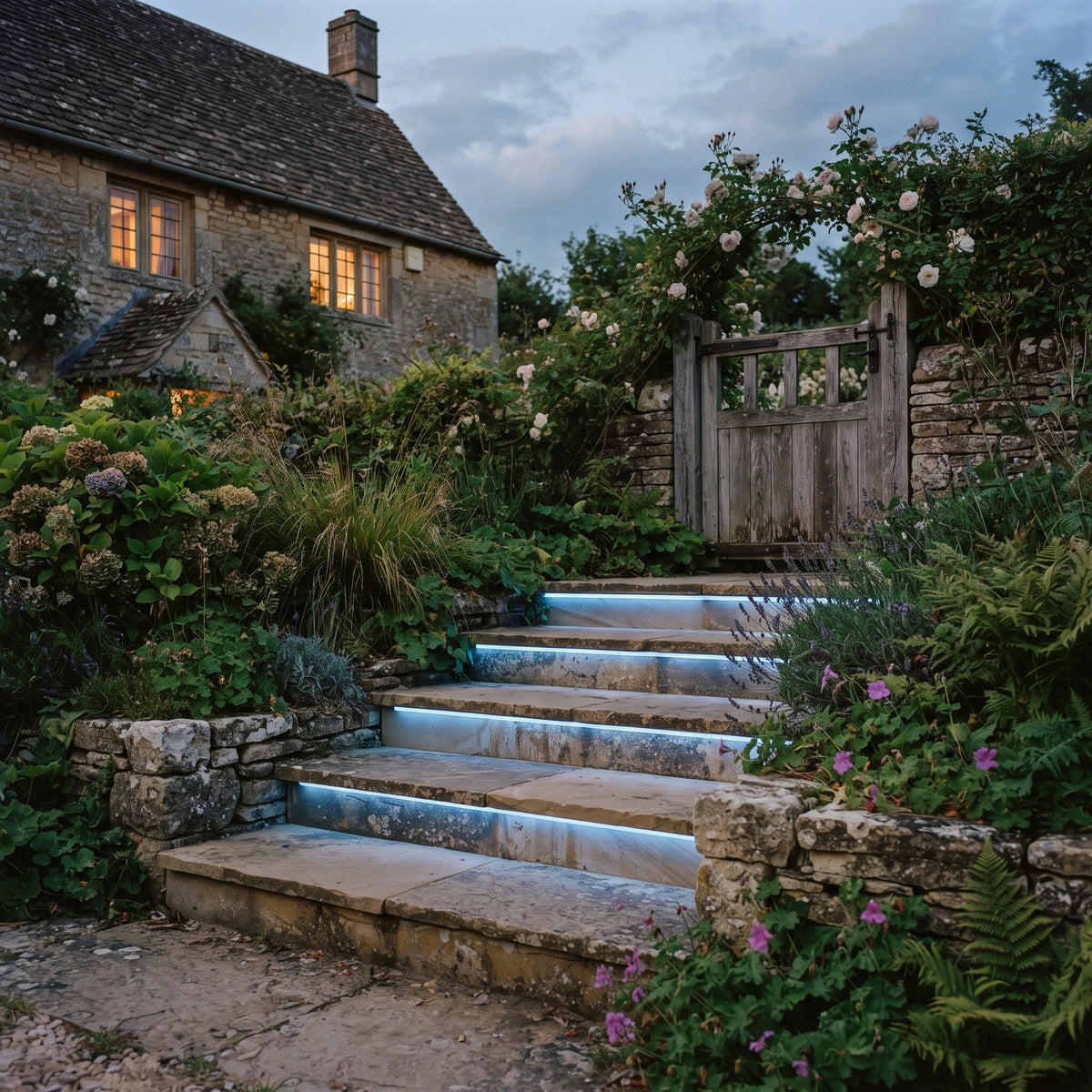 Blue RGB neon flex recessed beneath outdoor sandstone steps in a UK cottage garden
