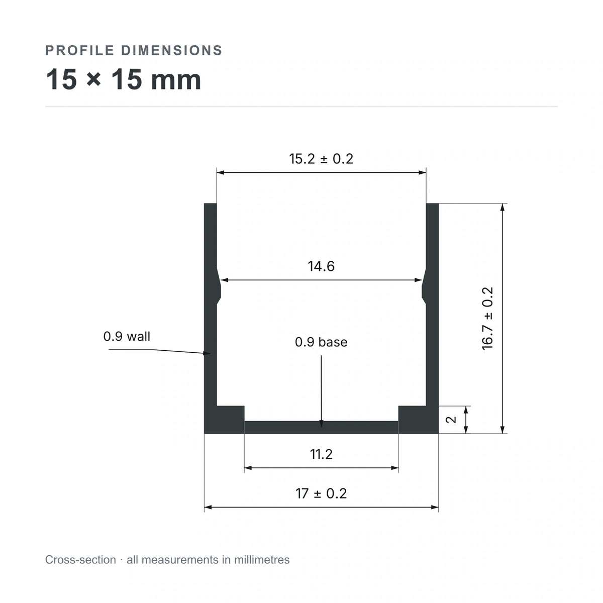 15 × 15 mm aluminium Neon Flex profile cross-section and measurements from datasheet