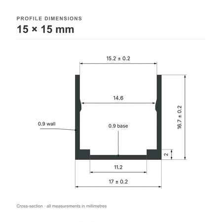 15 × 15 mm aluminium Neon Flex profile cross-section and measurements from datasheet