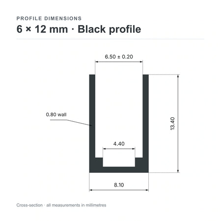 6 × 12 mm aluminium Neon Flex profile cross-section and measurements from datasheet (black)