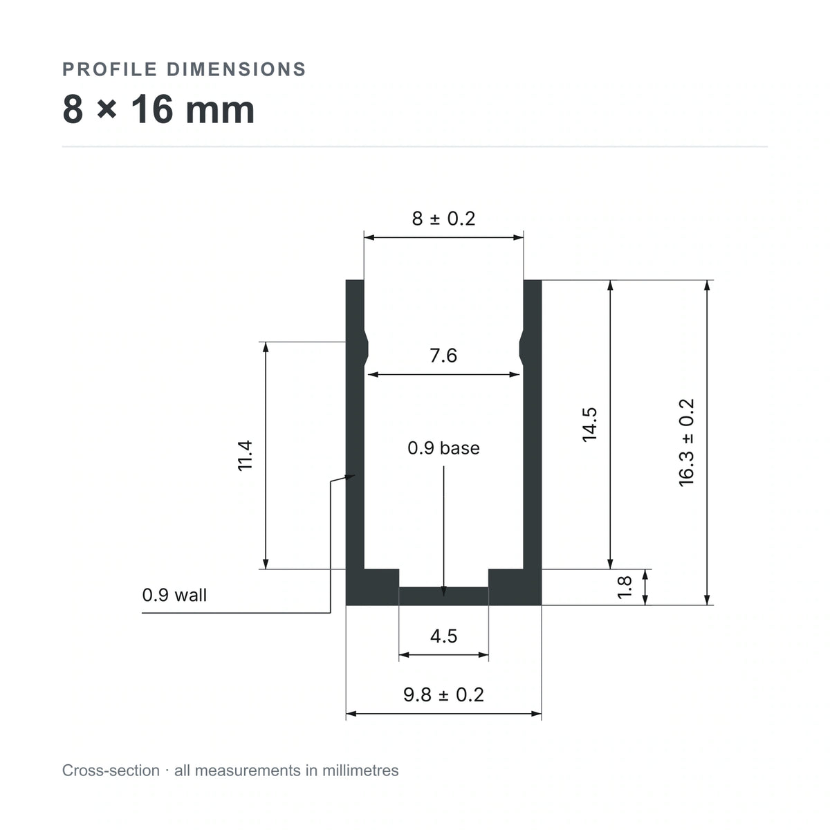 8 × 16 mm aluminium Neon Flex profile cross-section and measurements from datasheet