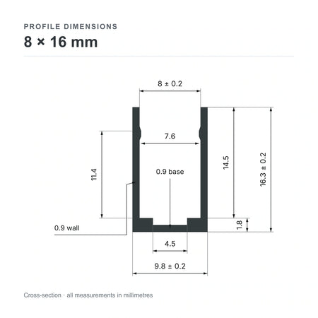 8 × 16 mm aluminium Neon Flex profile cross-section and measurements from datasheet