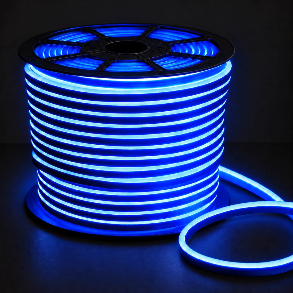 8×16mm 220–240V blue IP65 neon flex lit reel on dark charcoal background