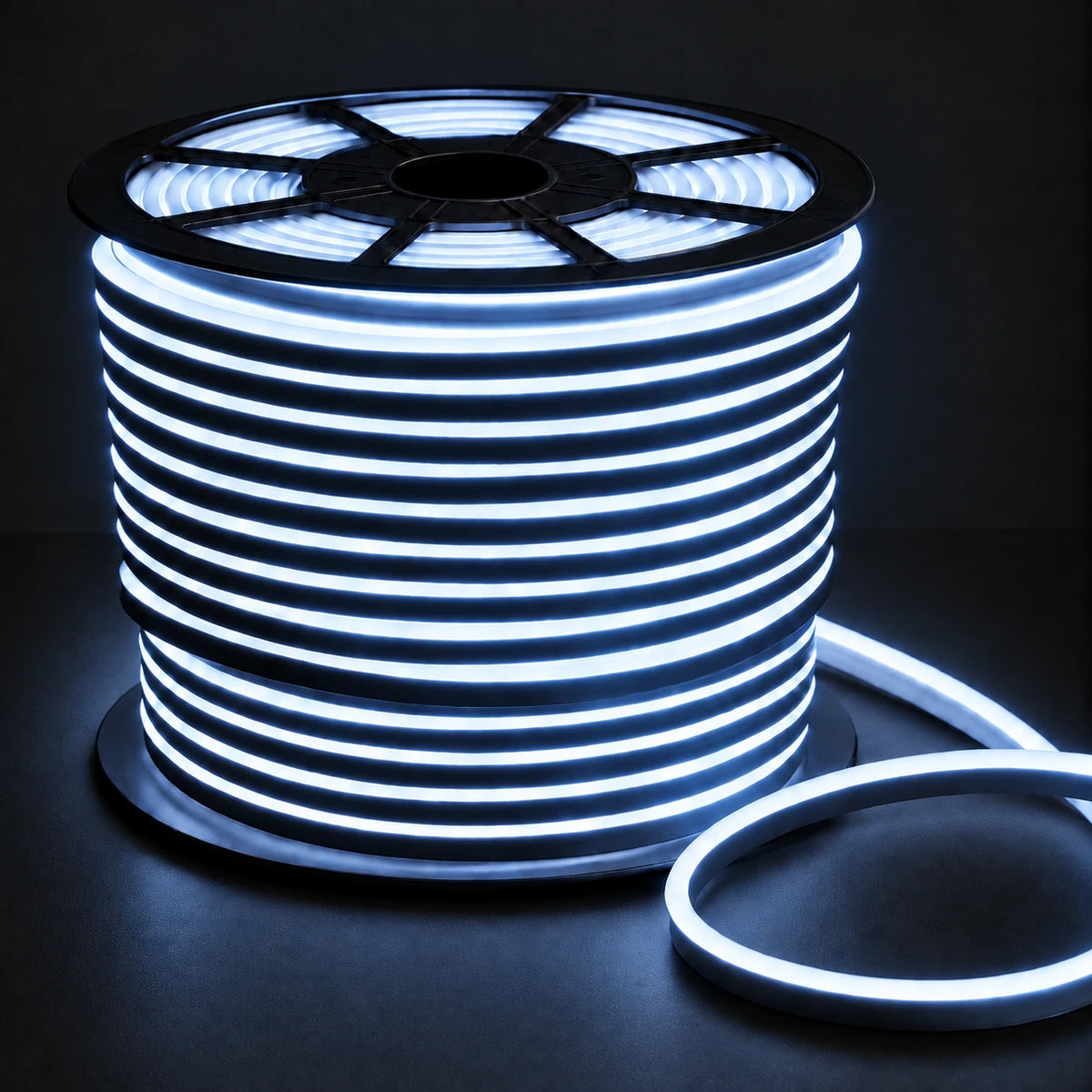8×16mm 220–240V cool white IP65 neon flex lit reel on dark charcoal background